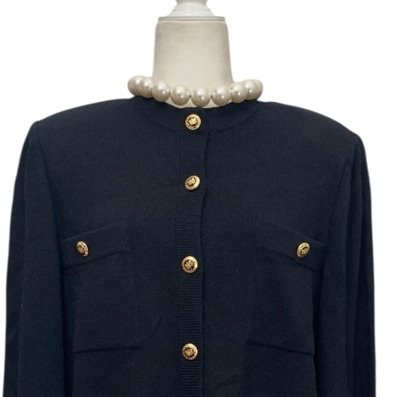 ST. JOHN Black Santana Knit Cardigan Sweater Jacket Insignia Crest Gold Buttons - Picture 5 of 10